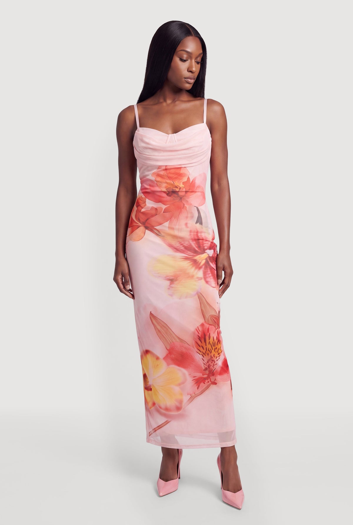 Floral Cowl Neck Bustier Mesh Maxi Dress