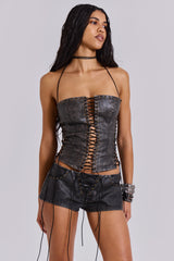Odile Black Faux Leather Lace Up Corset