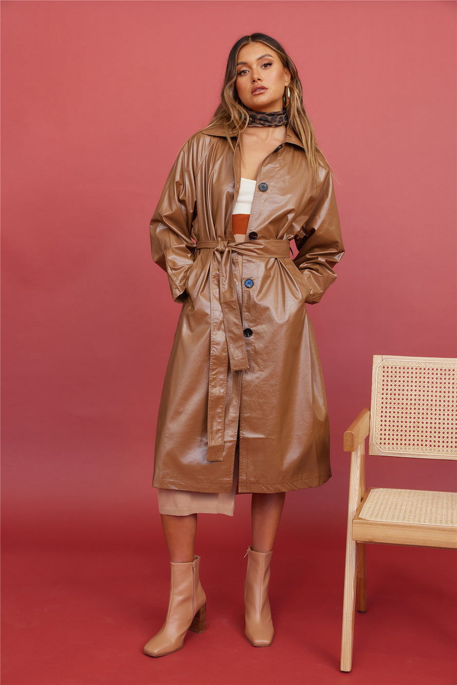 Radio Waves Faux Leather Trench Coat Brown