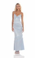 Satin V-Neck Ruffle Mermaid Maxi Dress in Light Blue