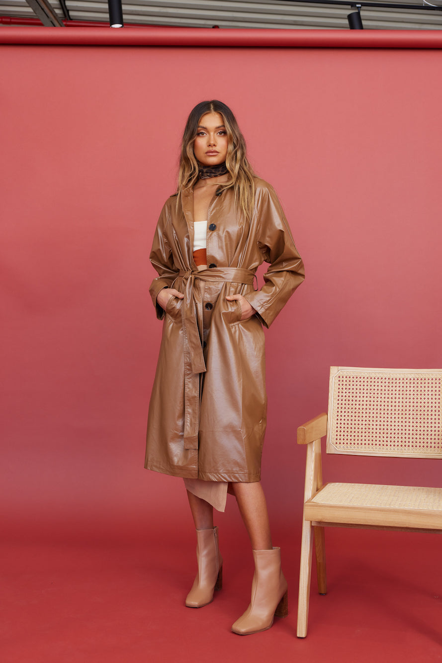 Radio Waves Faux Leather Trench Coat Brown