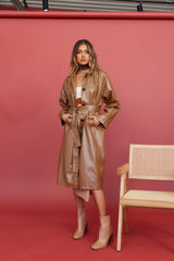 Radio Waves Faux Leather Trench Coat Brown