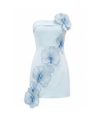 Orchid Embroidered Floral Appliqué Strapless Mini Dress - Blue