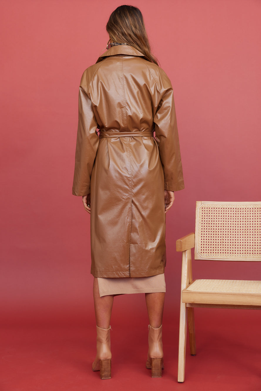 Radio Waves Faux Leather Trench Coat Brown