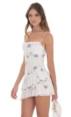 Floral Mesh Tassel Dress in White