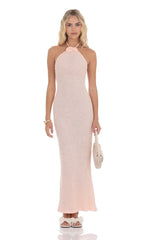 Crochet Halter Maxi Dress in Pink