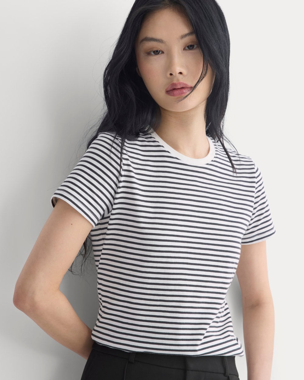 The Slim Crew In Essential Cotton | Bone / Pirate Black Stripe