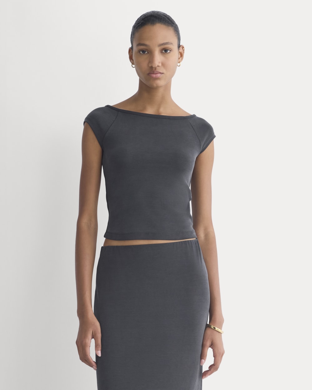 Boatneck Cap-Sleeve Top In Butterknit | Black