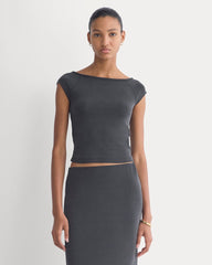 Boatneck Cap-Sleeve Top In Butterknit | Black