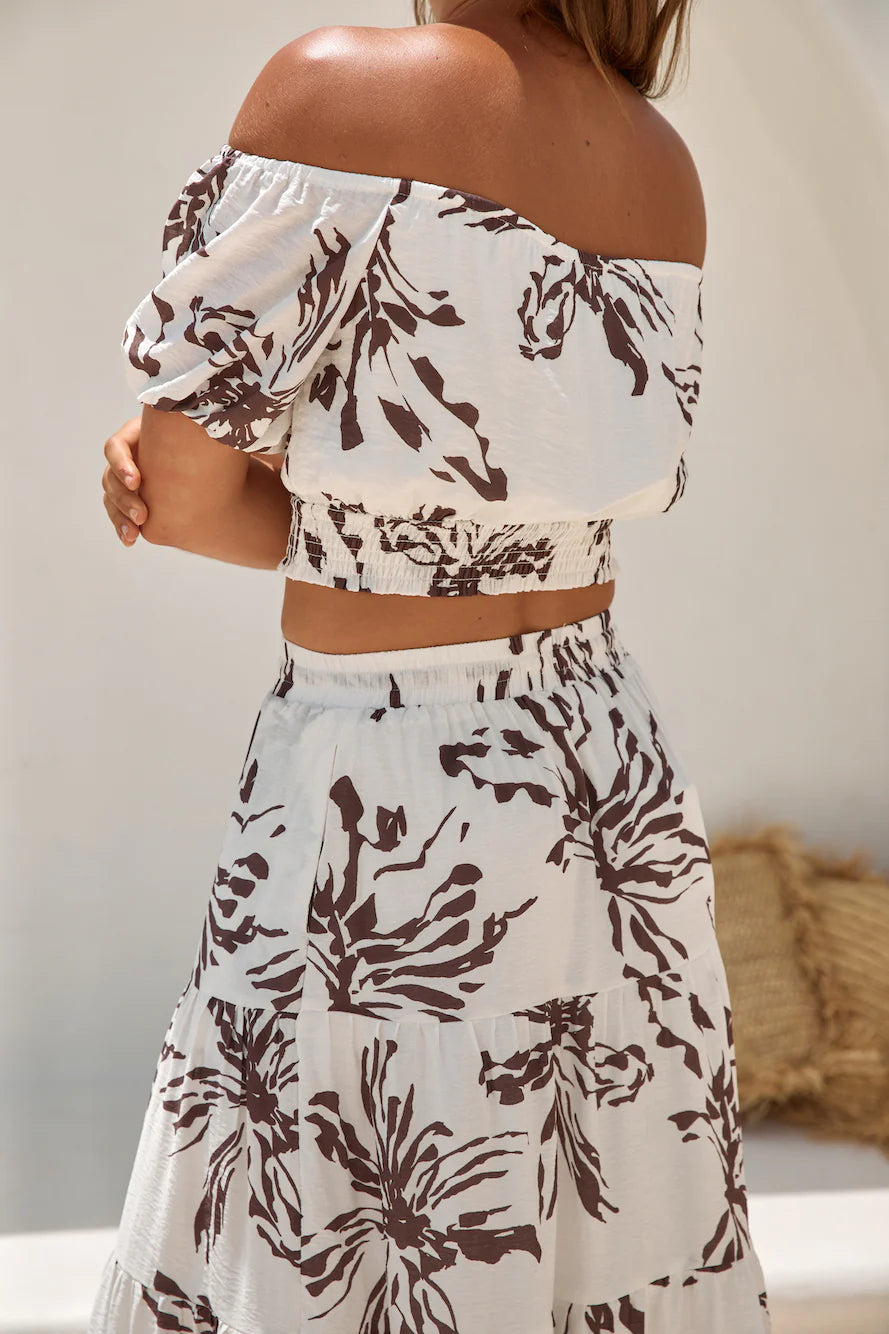 Island Whisper Off Shoulder Crop Top Brown