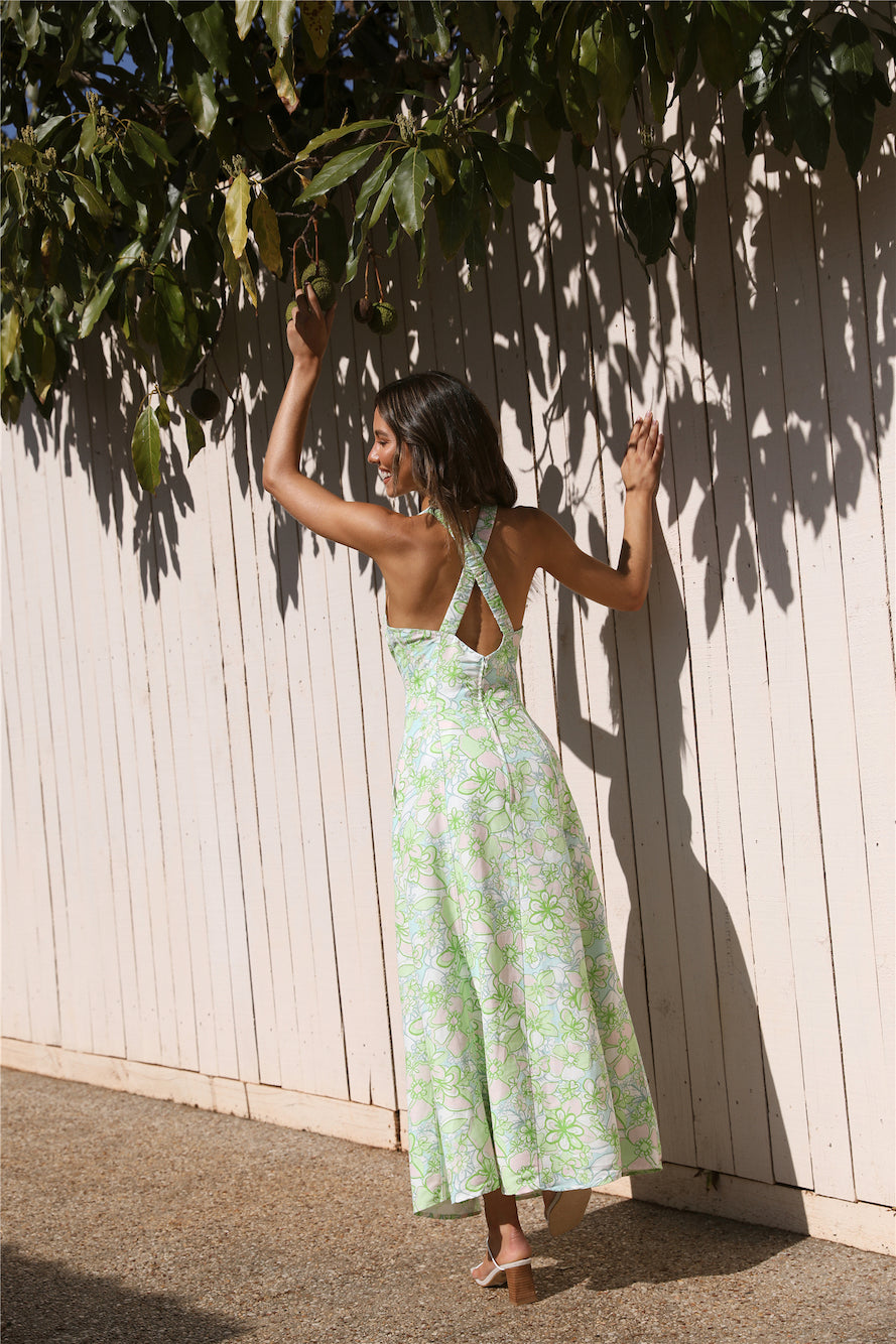 CMEO COLLECTIVE Far Away Midi Dress Green Apple Floral