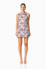 CURAAE Bloomette Shift Mini Dress in Brown and Blue Floral