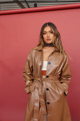 Radio Waves Faux Leather Trench Coat Brown