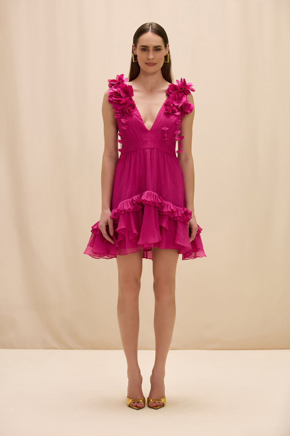 Chiffon Carmen Flowers Mini Dress