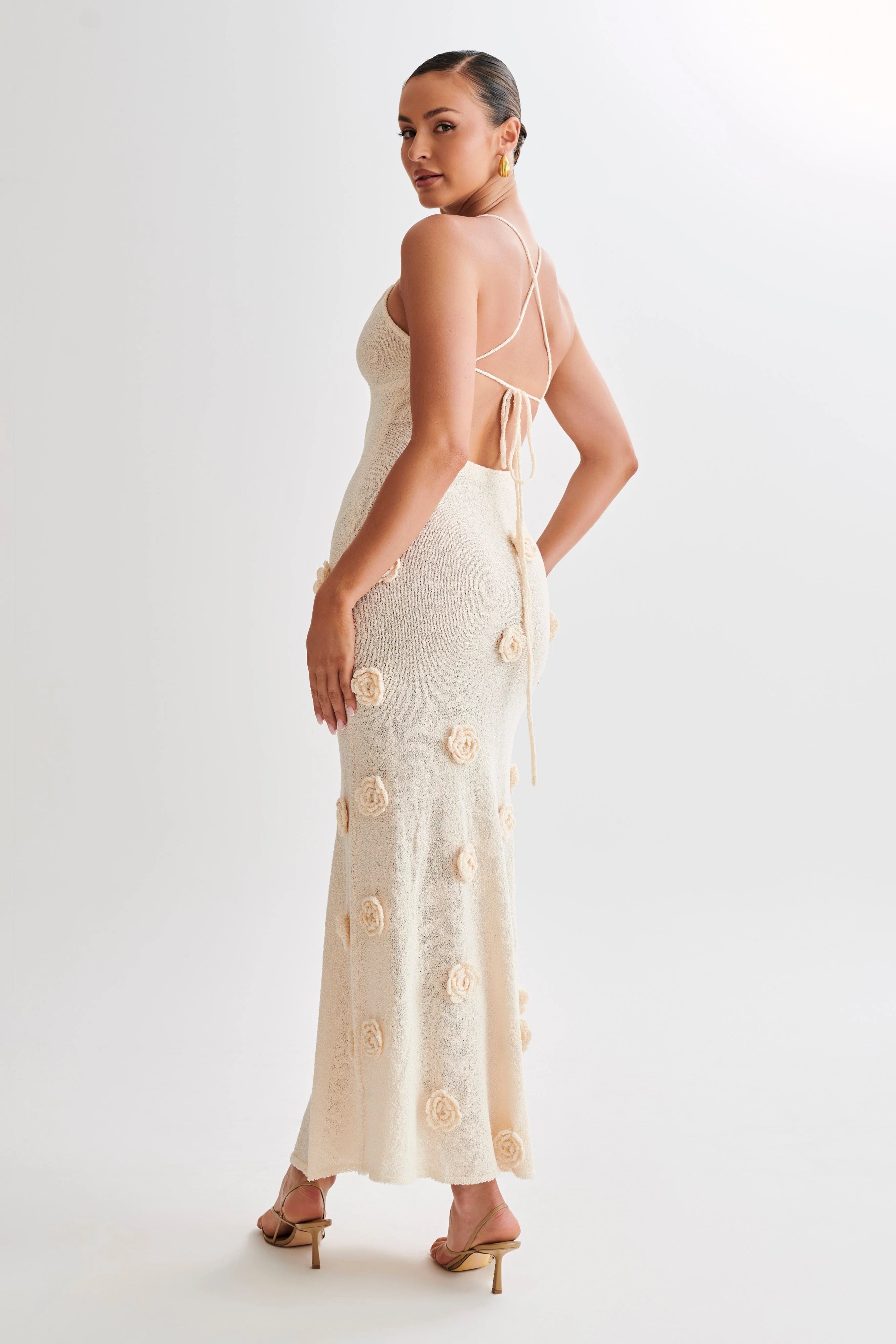 Suki Crochet Maxi Dress With Flowers - Nude