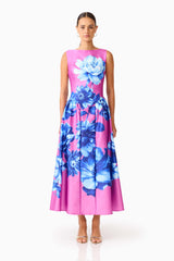 Sybella A-Line Midi Dress in Pink & Blue Floral
