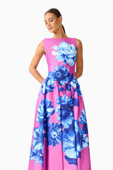 Sybella A-Line Midi Dress in Pink & Blue Floral