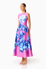 Sybella A-Line Midi Dress in Pink & Blue Floral