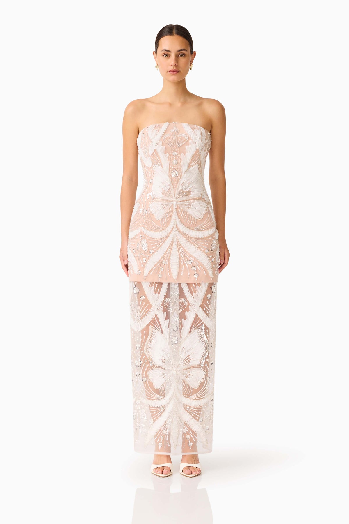 Orvella Embellished Maxi Dress in White & Beige