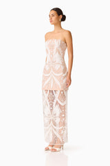Orvella Embellished Maxi Dress in White & Beige