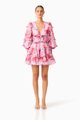 Fleuris Long Sleeve Mini Dress in Pink Floral