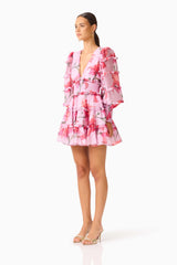 Fleuris Long Sleeve Mini Dress in Pink Floral