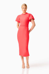 Coralene Puff Sleeve Midi Dress in Red