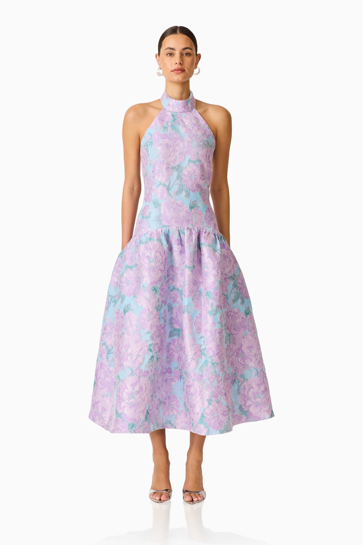 Nolana Halter Midi Dress in Blue & Purple Floral