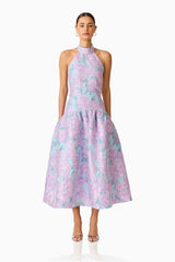 Nolana Halter Midi Dress in Blue & Purple Floral