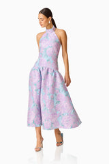 Nolana Halter Midi Dress in Blue & Purple Floral