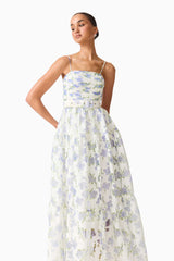 Cleo A-line Gown in White & Blue Floral