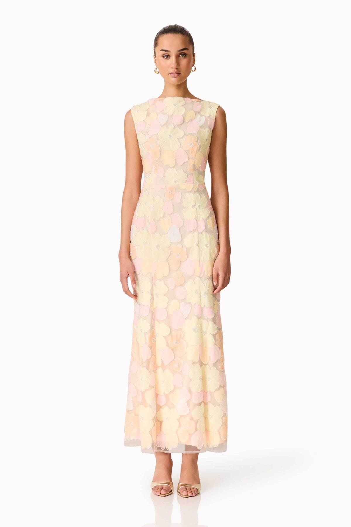 Zaria Sleeveless Gown in Yellow Floral