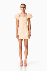 Zaria Puff Sleeve Mini Dress In Yellow Floral
