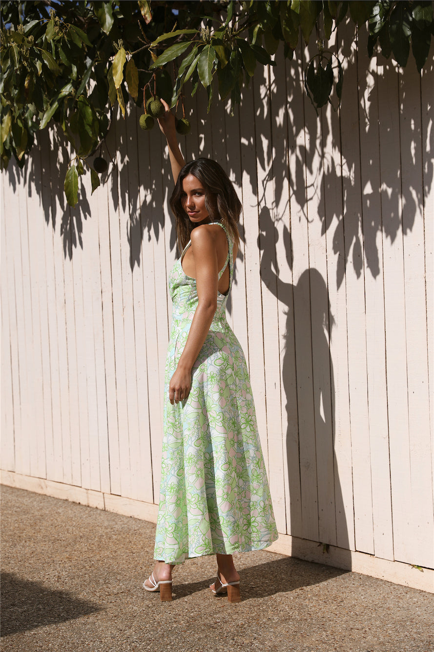 CMEO COLLECTIVE Far Away Midi Dress Green Apple Floral