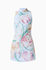 Priselle High Neck Mini Dress in Blue Floral
