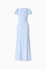Rina Beaded Puff Sleeve Gown in Blue
