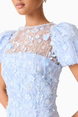 Rina Beaded Puff Sleeve Gown in Blue