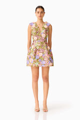 Fiora Tulip Mini Dress in Green & Pink Floral