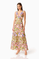 Fiora A-Line Gown in Green & Pink Floral