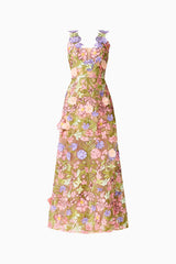 Fiora A-Line Gown in Green & Pink Floral