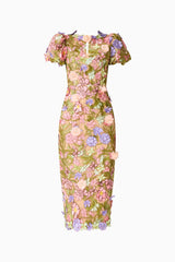 Fiora Puff Sleeve Midi Dress in Green & Pink Floral