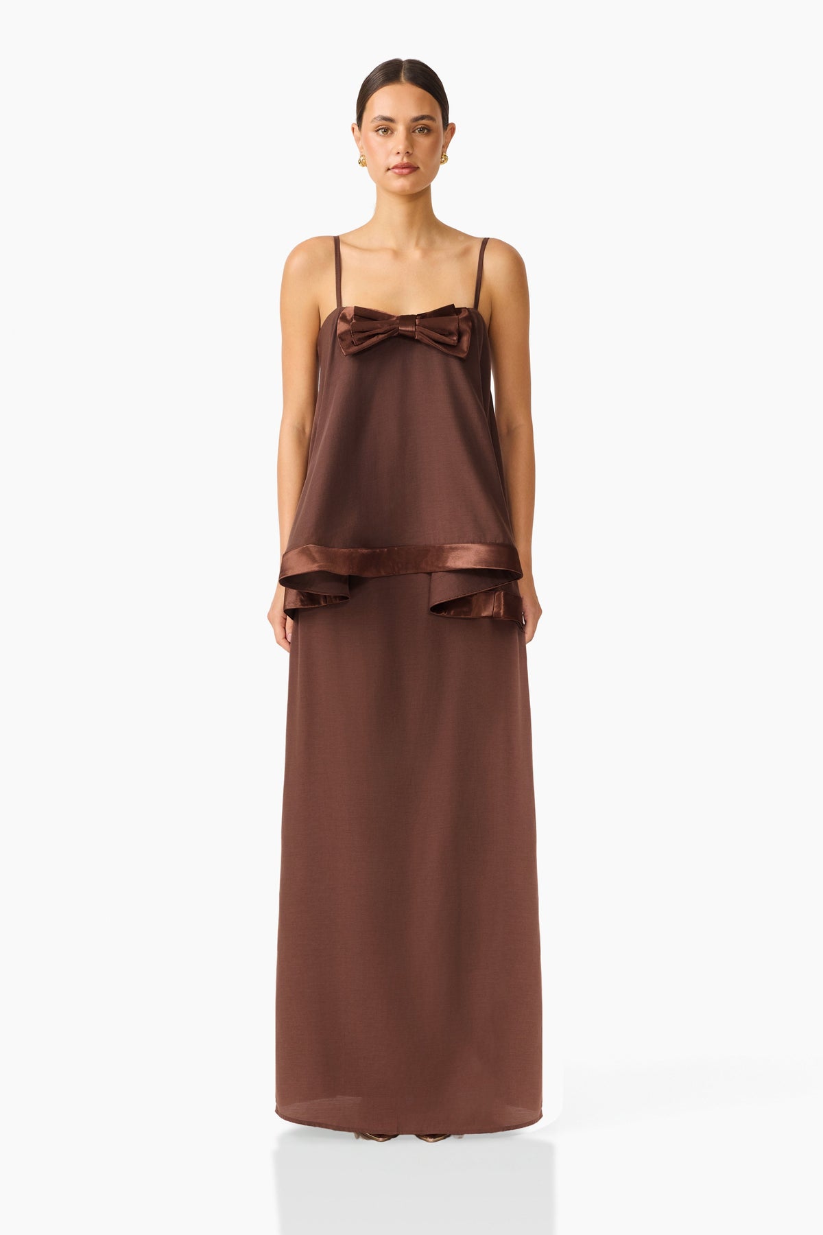 Rosera Satin Bow Maxi Dress in Chocolate Brown