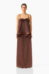Rosera Satin Bow Maxi Dress in Chocolate Brown