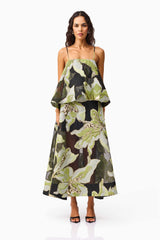Elysia Tiered Gown in Black & Green Floral