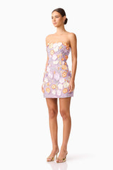 Arabella Strapless Floral Mini Dress in Orange & Purple