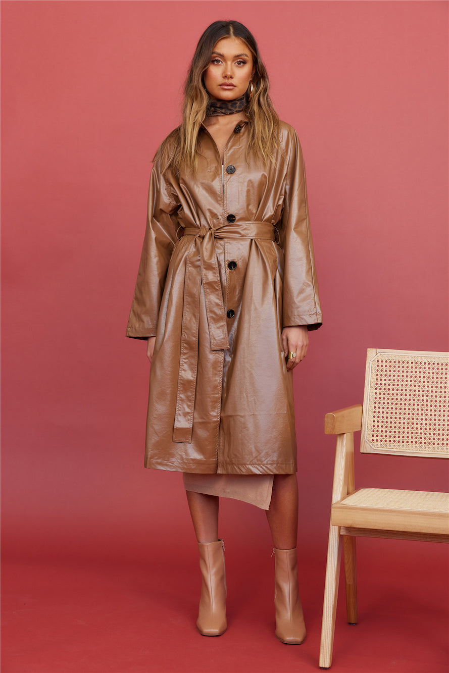 Radio Waves Faux Leather Trench Coat Brown