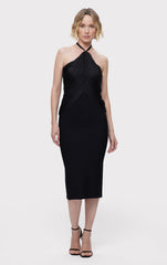 Draped Halter Fringe Midi Dress