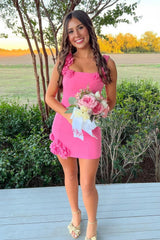 Hot Pink Floral Applique Square Neck Mini Homecoming Dress