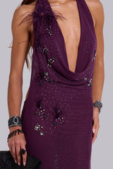 Ember Embellished Plunge Maxi Dress with Real Feather