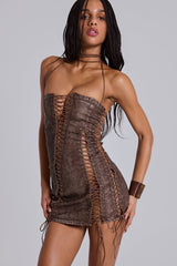 Odile Brown Faux Leather Lace Up Mini Dress